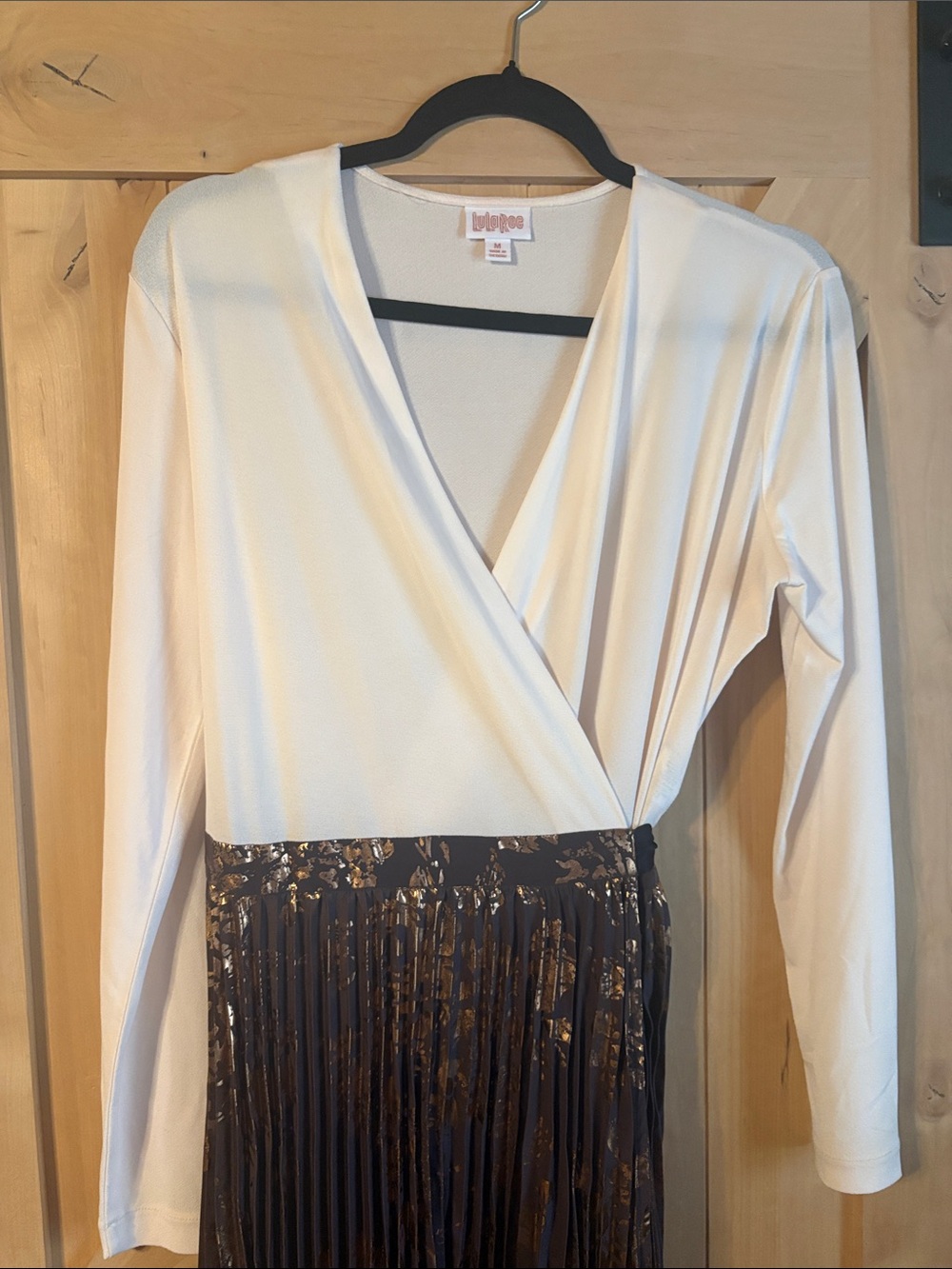 LulaRoe Boutique Ivory Wrap-Style Long Sleeve Dress with Metallic Pleated Skirt